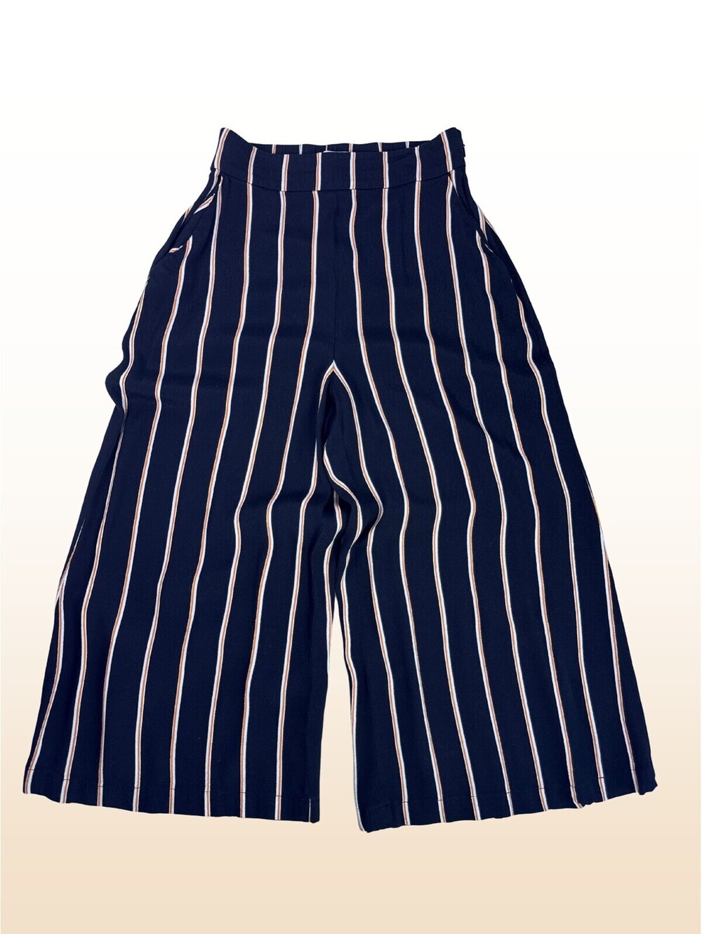 Leith XS Black Stripe Wide Leg Cropped Pants High Rise Rayon
